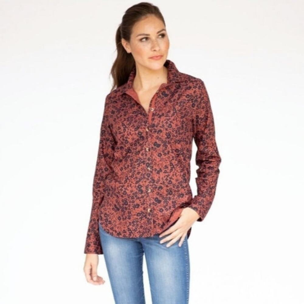 Evy's Tree The Amy Clay Orange Ditsy Floral Relaxed Artsy Button Up Shirt 1X